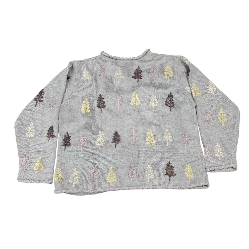 Northern Isles Sweater Womens Large Gray Ramie Cotton Tree Embroidered Knit - Picture 7 of 10